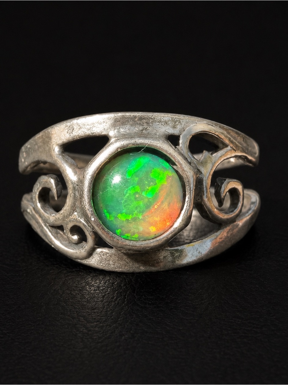 Sterling silver Ethiopian fire opal ring 925 size 6  artisan abstract swirl